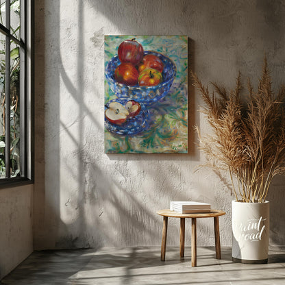 This still life painting captures a rustic scene with a blue patterned bowl filled with ripe apples… for living room