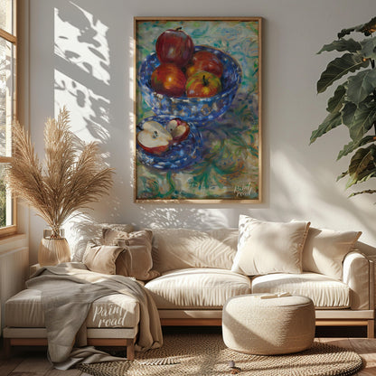 This still life painting captures a rustic scene with a blue patterned bowl filled with ripe apples… for living room