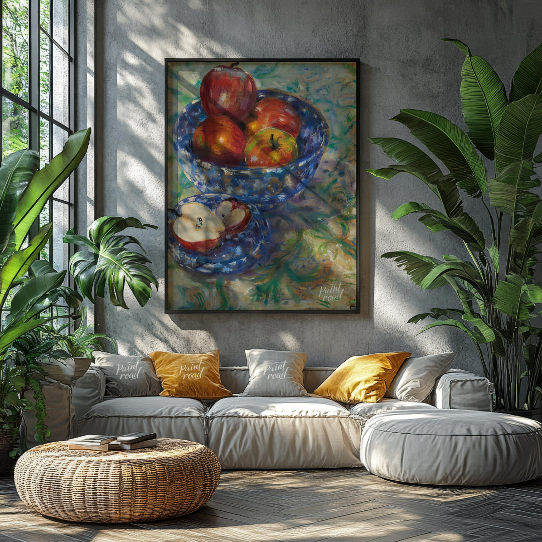 This still life painting captures a rustic scene with a blue patterned bowl filled with ripe apples… for living room
