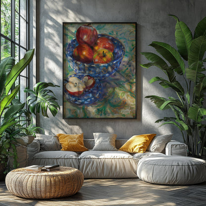 This still life painting captures a rustic scene with a blue patterned bowl filled with ripe apples… for living room