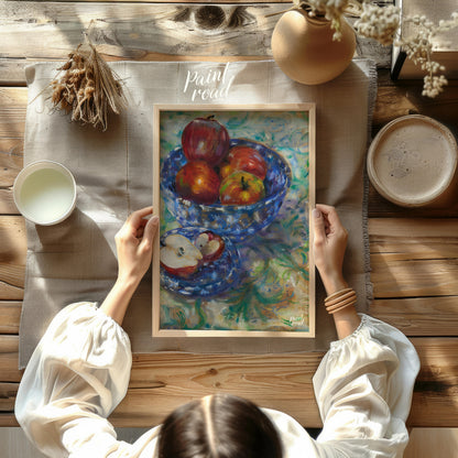 This still life painting captures a rustic scene with a blue patterned bowl filled with ripe apples… for other