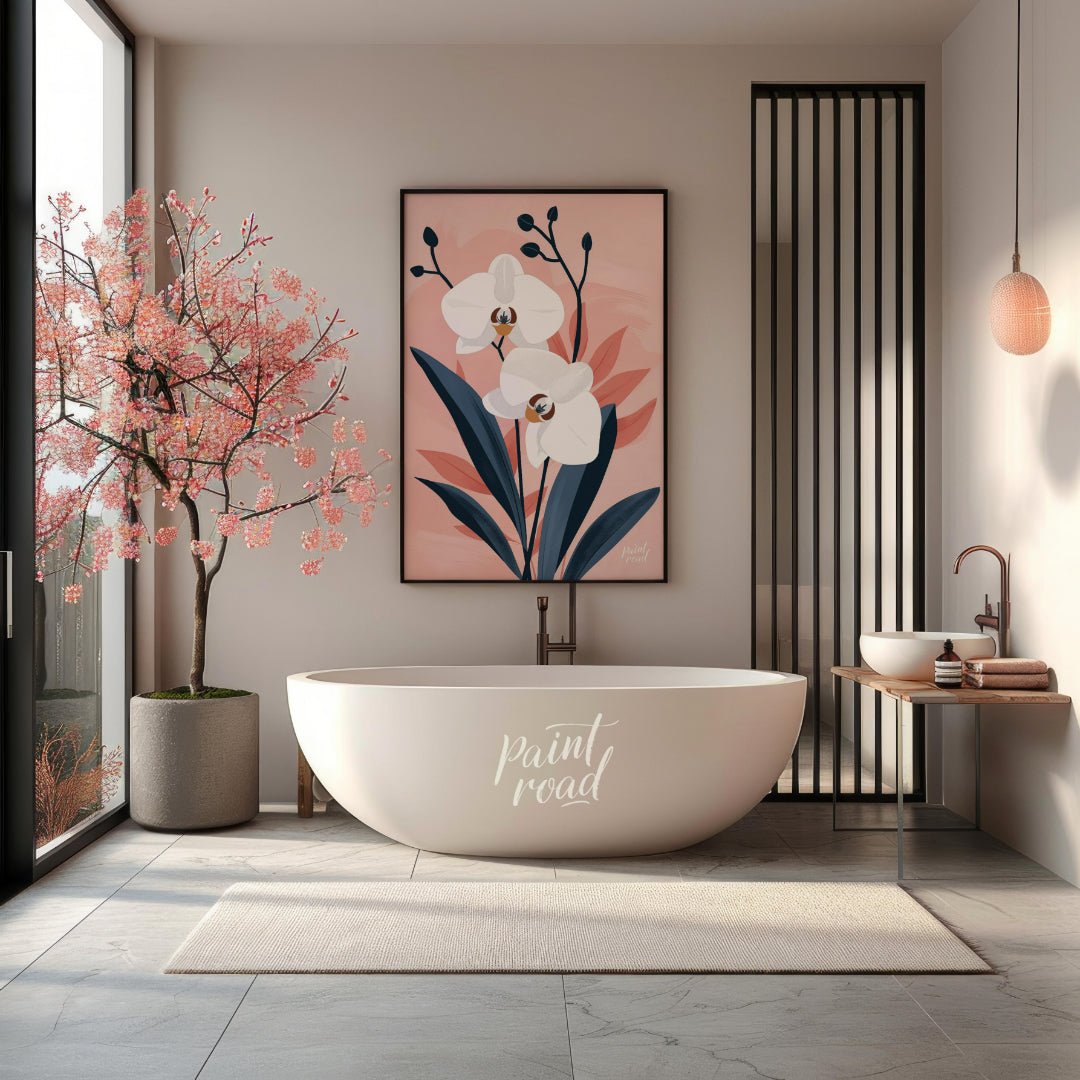 This elegant digital illustration features two white orchid flowers with delicate petals and subtle… for bathroom