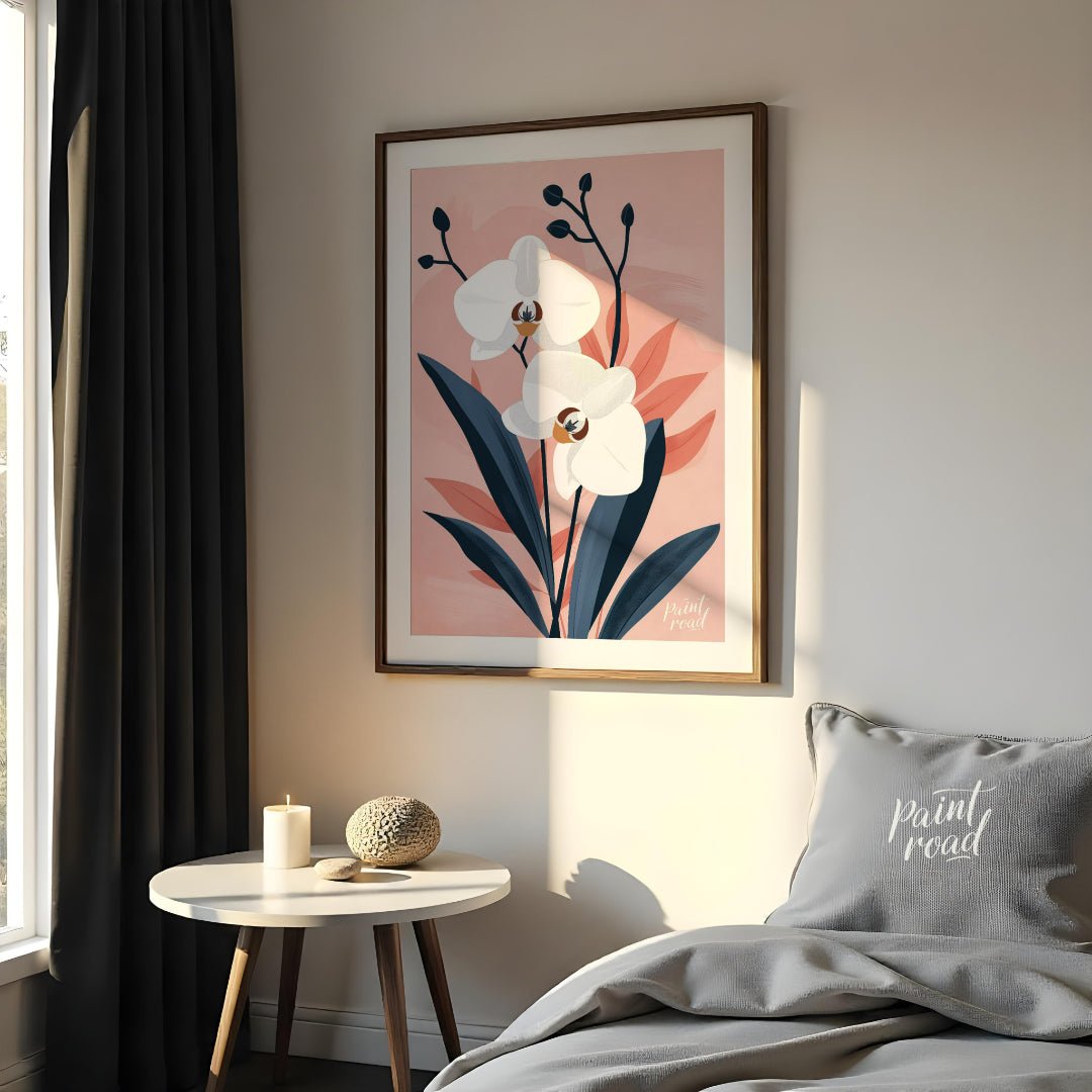 This elegant digital illustration features two white orchid flowers with delicate petals and subtle… for bedroom