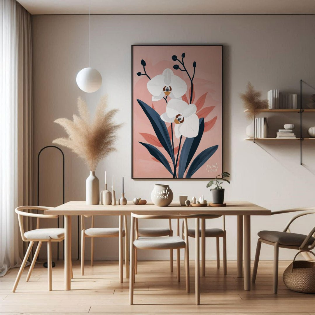 This elegant digital illustration features two white orchid flowers with delicate petals and subtle… for dining room