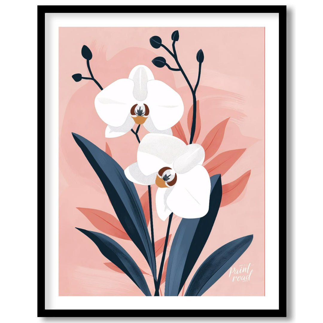 This elegant digital illustration features two white orchid flowers with delicate petals and subtle… for house