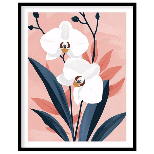 This elegant digital illustration features two white orchid flowers with delicate petals and subtle… for house
