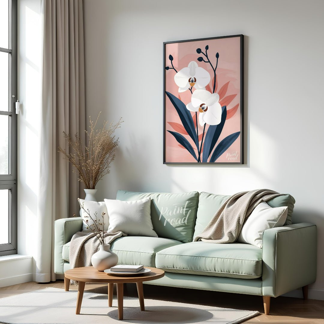 This elegant digital illustration features two white orchid flowers with delicate petals and subtle… for living room