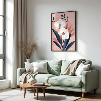 This elegant digital illustration features two white orchid flowers with delicate petals and subtle… for living room