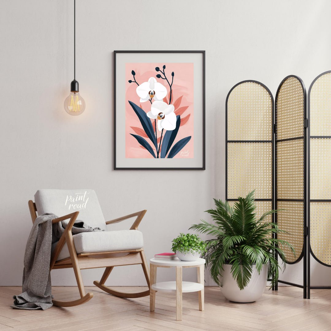 This elegant digital illustration features two white orchid flowers with delicate petals and subtle… for living room