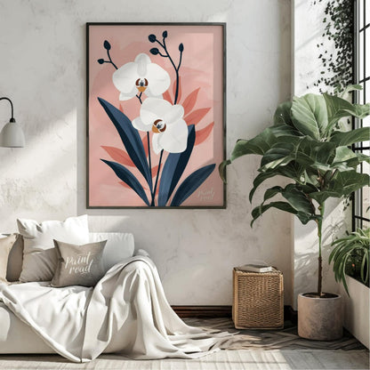 This elegant digital illustration features two white orchid flowers with delicate petals and subtle… for living room