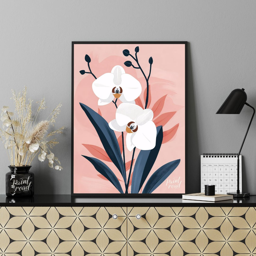 This elegant digital illustration features two white orchid flowers with delicate petals and subtle… for office