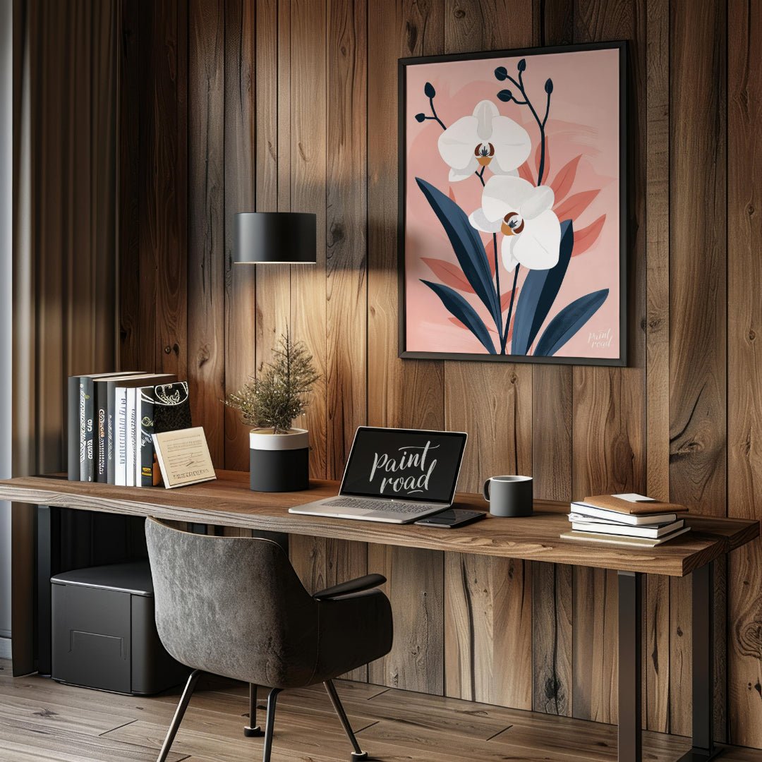 This elegant digital illustration features two white orchid flowers with delicate petals and subtle… for office