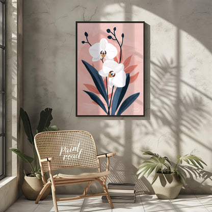 This elegant digital illustration features two white orchid flowers with delicate petals and subtle… for other
