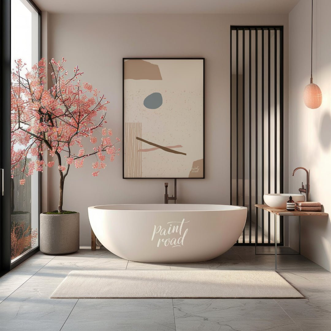 This minimalist abstract artwork features a composition of simple, organic shapes and textures agai… for bathroom