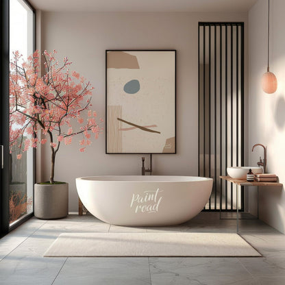 This minimalist abstract artwork features a composition of simple, organic shapes and textures agai… for bathroom