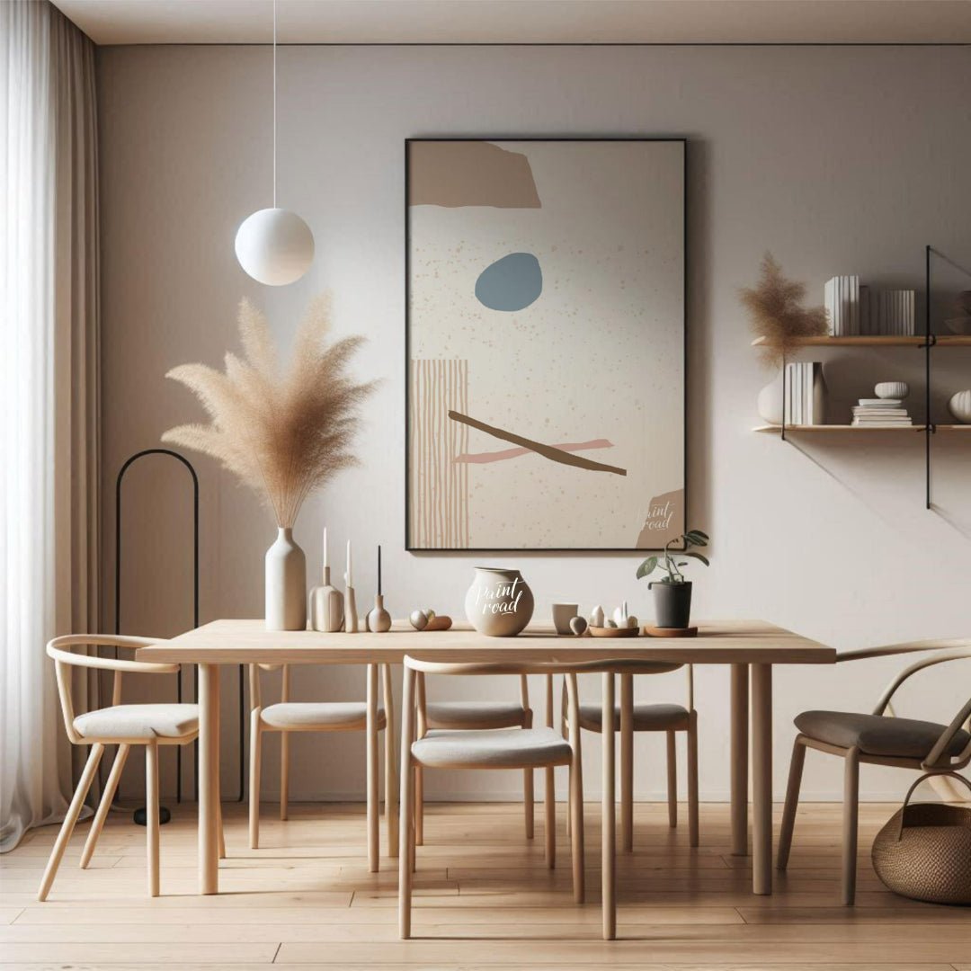 This minimalist abstract artwork features a composition of simple, organic shapes and textures agai… for dining room