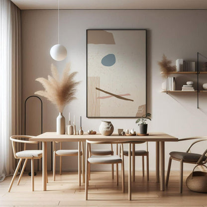 This minimalist abstract artwork features a composition of simple, organic shapes and textures agai… for dining room