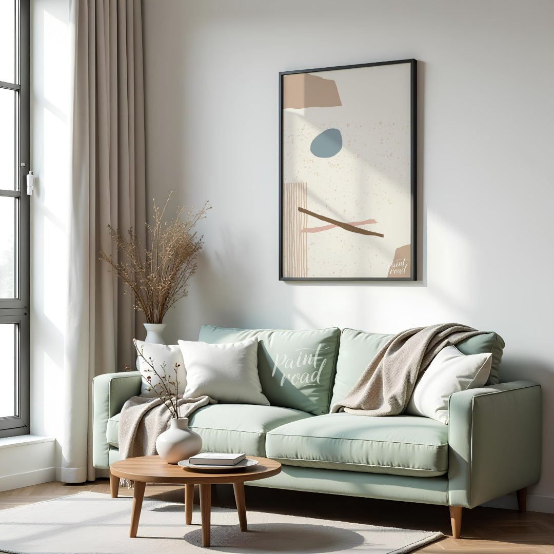This minimalist abstract artwork features a composition of simple, organic shapes and textures agai… for living room