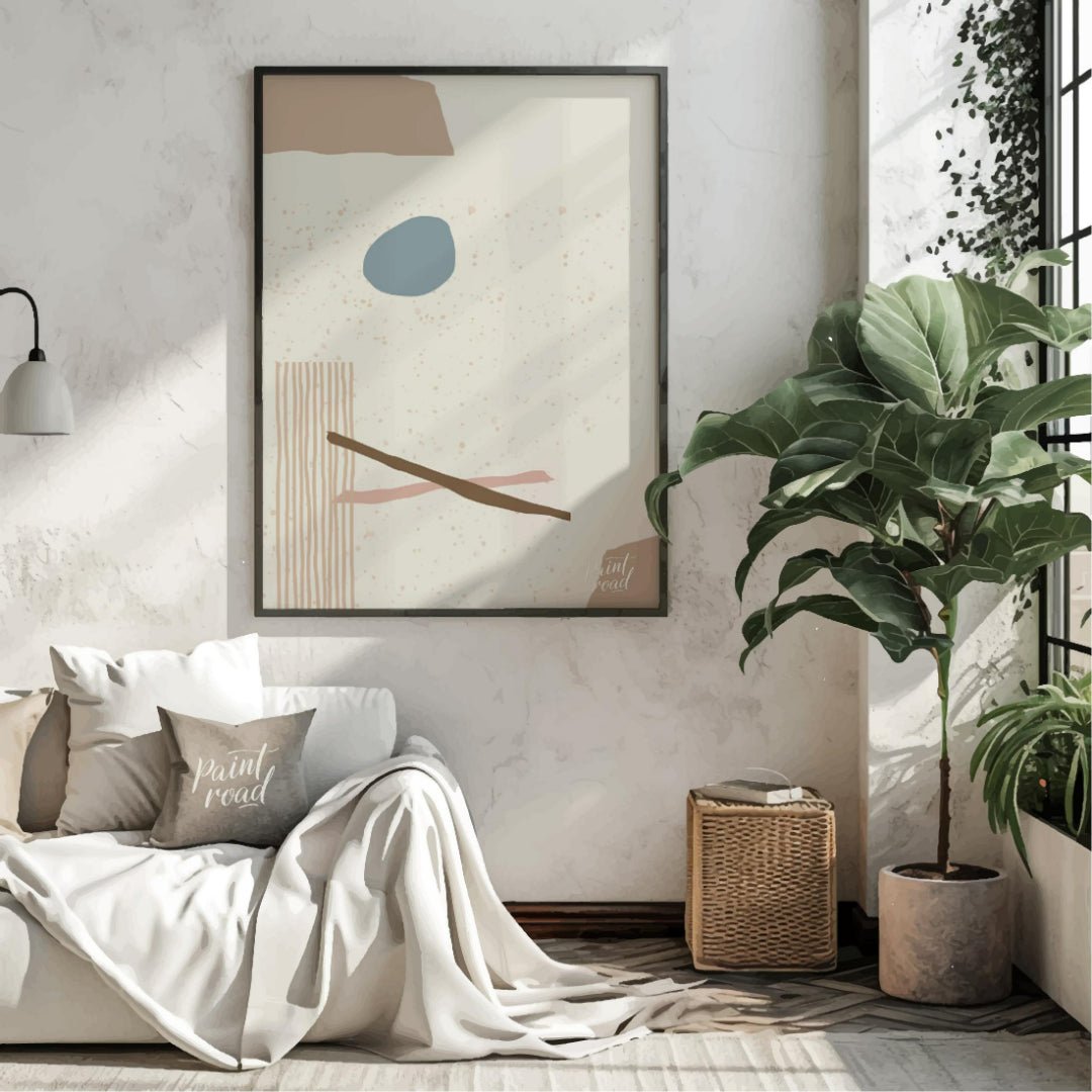 This minimalist abstract artwork features a composition of simple, organic shapes and textures agai… for living room