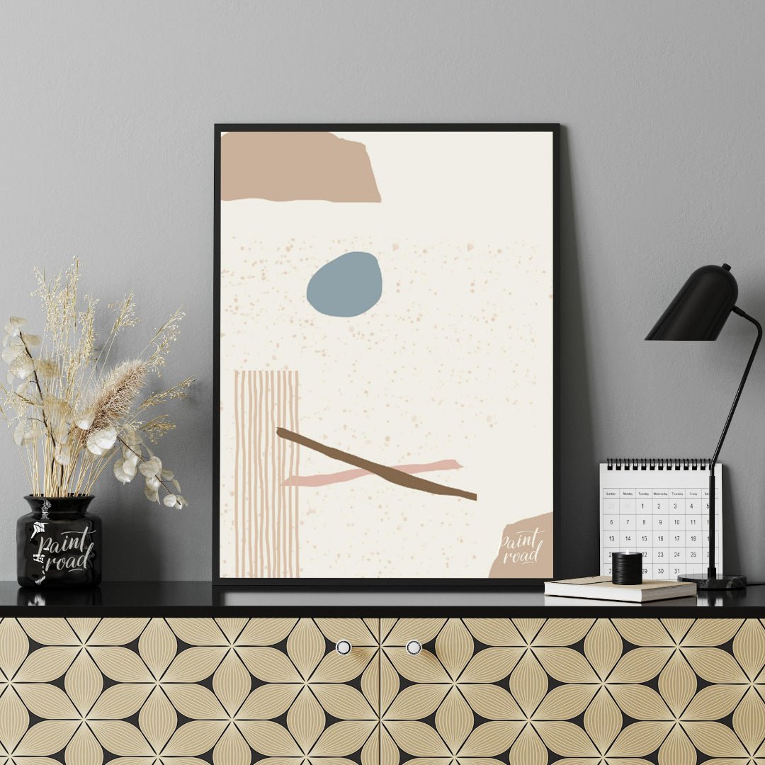 This minimalist abstract artwork features a composition of simple, organic shapes and textures agai… for office
