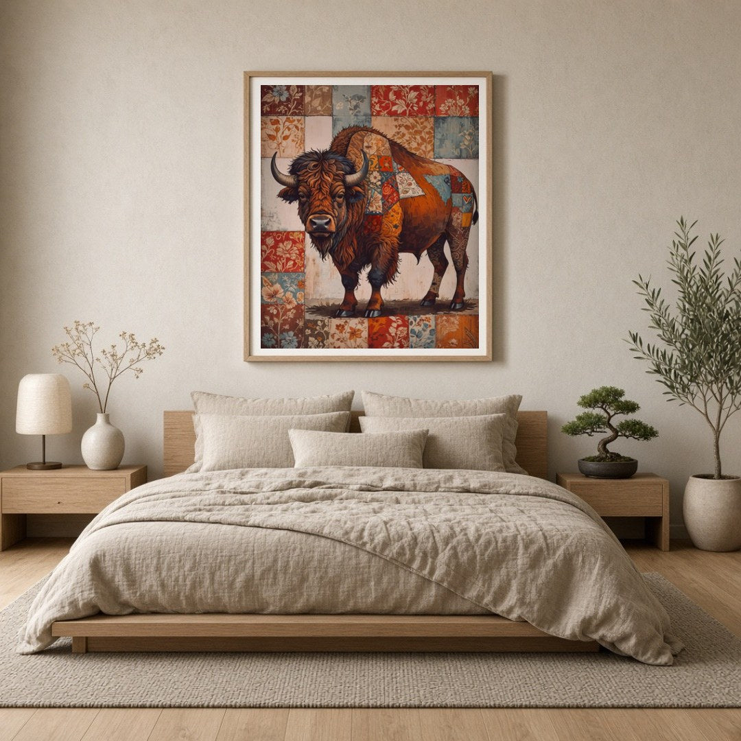 This intricate artwork captures the majestic presence of a bison adorned with an elaborate for Bedroom