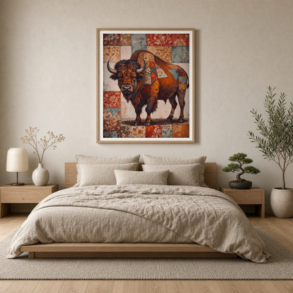 This intricate artwork captures the majestic presence of a bison adorned with an elaborate for Bedroom
