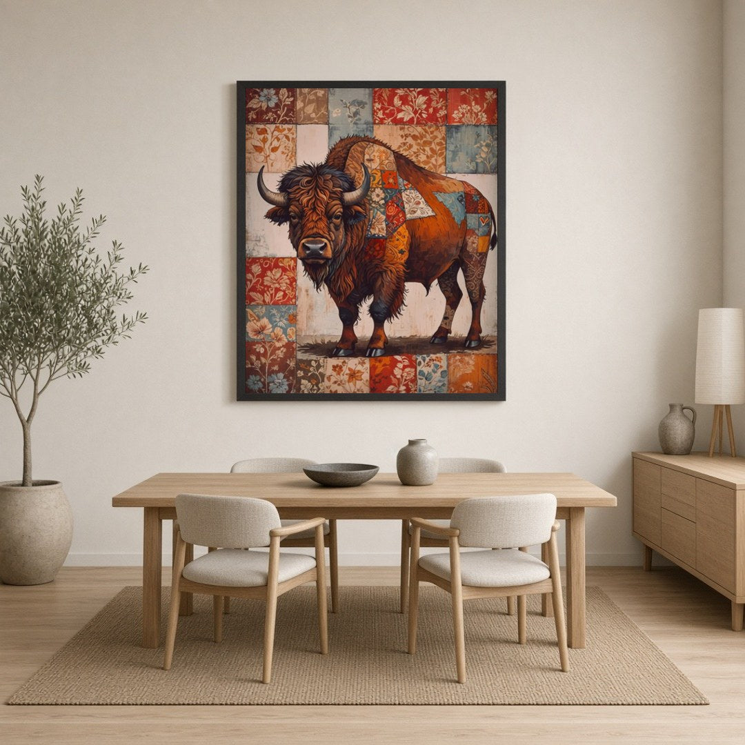 This intricate artwork captures the majestic presence of a bison adorned with an elaborate for Dining