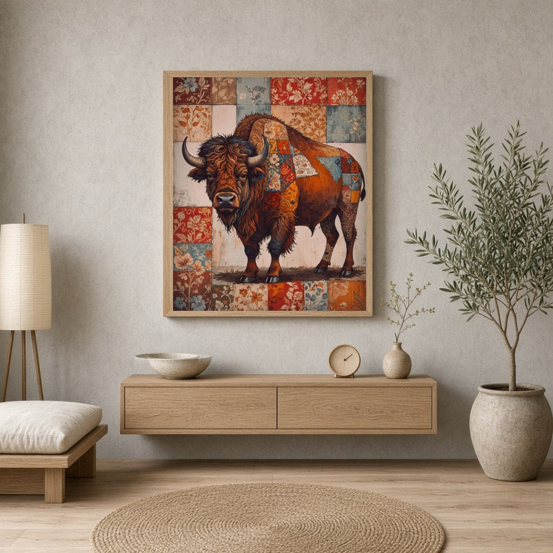 This intricate artwork captures the majestic presence of a bison adorned with an elaborate for Entrance