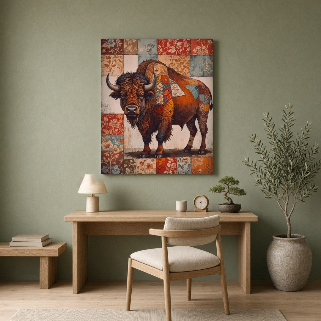This intricate artwork captures the majestic presence of a bison adorned with an elaborate for Home Office
