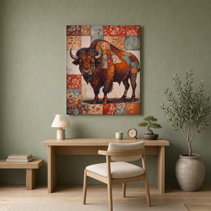 This intricate artwork captures the majestic presence of a bison adorned with an elaborate for Home Office