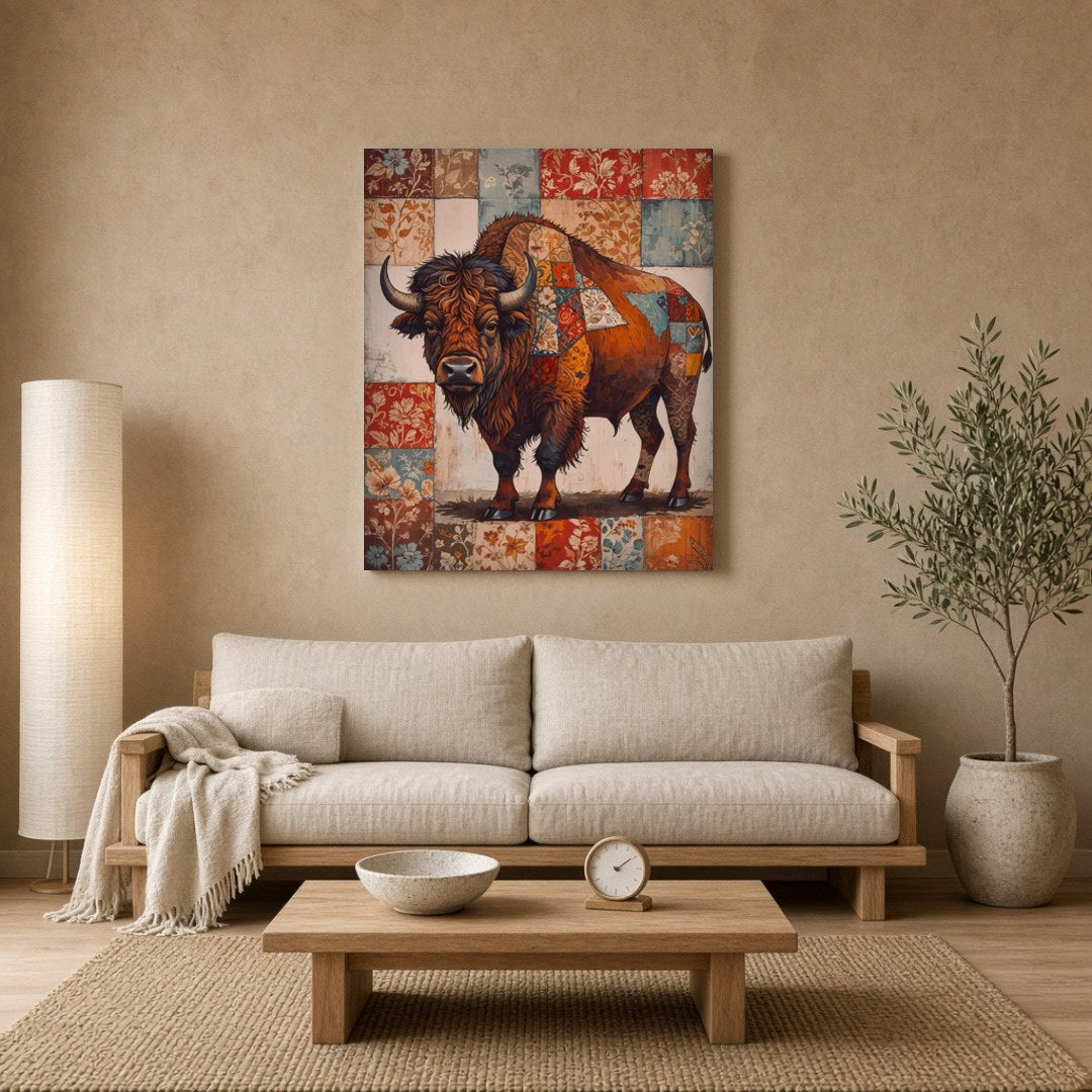 This intricate artwork captures the majestic presence of a bison adorned with an elaborate for Living Room