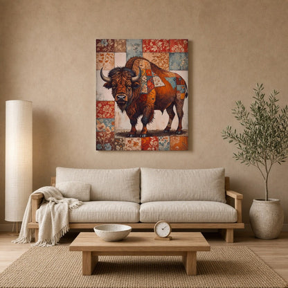 This intricate artwork captures the majestic presence of a bison adorned with an elaborate for Living Room