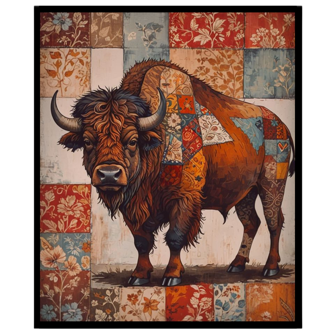 This intricate artwork captures the majestic presence of a bison adorned with an elaborate for place