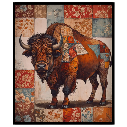 This intricate artwork captures the majestic presence of a bison adorned with an elaborate for place