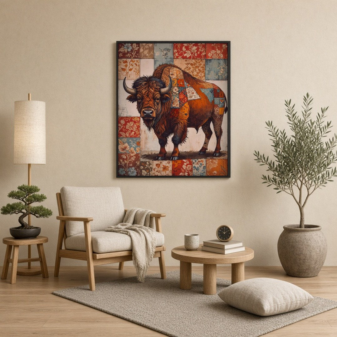 This intricate artwork captures the majestic presence of a bison adorned with an elaborate for Reading Nook