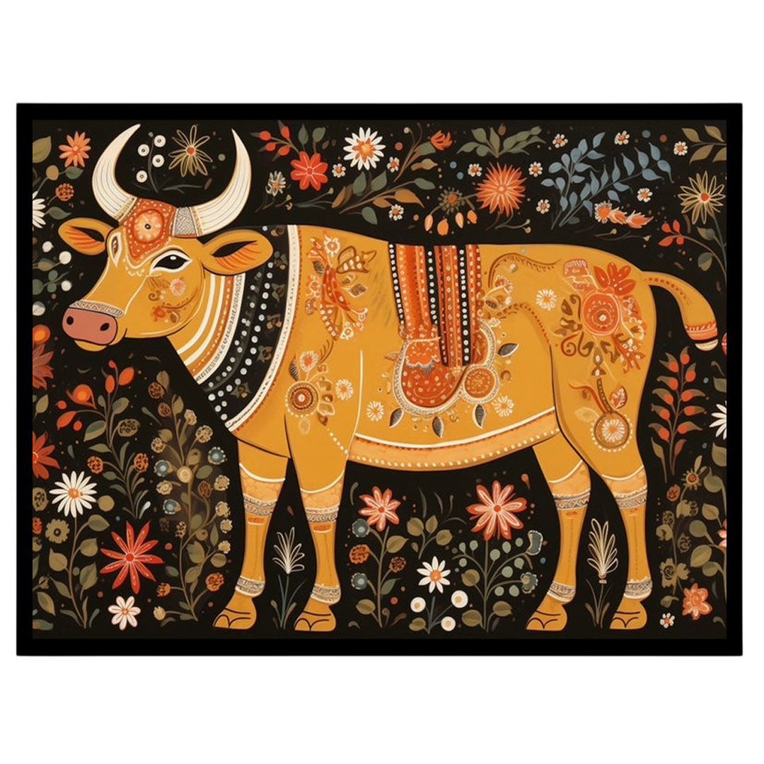 Immerse yourself in the enchanting world of Madhubani with this ornate depiction of a cosmic cow, for abode