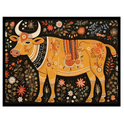 Immerse yourself in the enchanting world of Madhubani with this ornate depiction of a cosmic cow, for abode