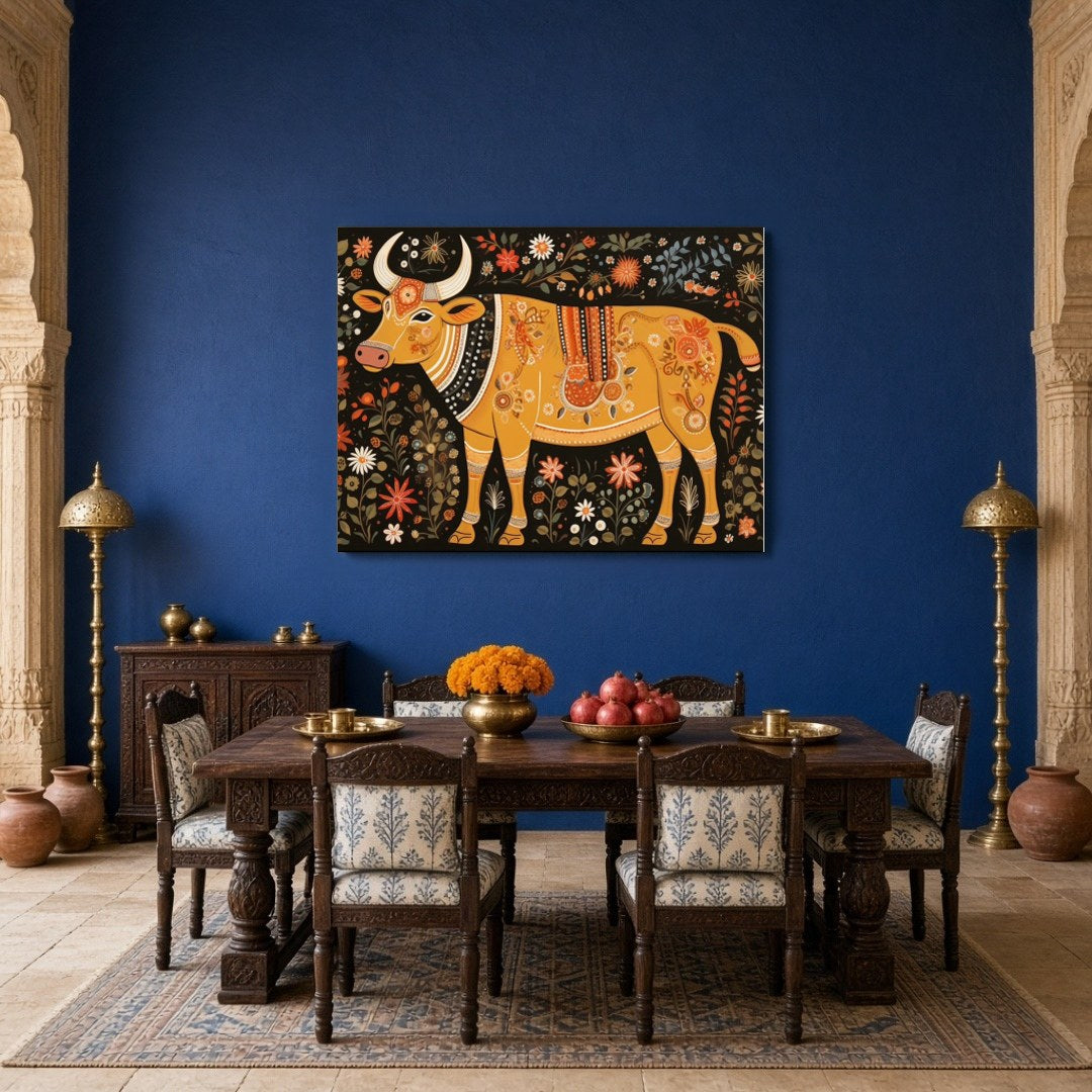 Immerse yourself in the enchanting world of Madhubani with this ornate depiction of a cosmic cow, for Dining