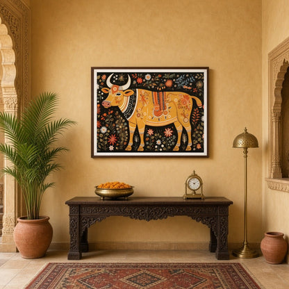 Immerse yourself in the enchanting world of Madhubani with this ornate depiction of a cosmic cow, for Entrance