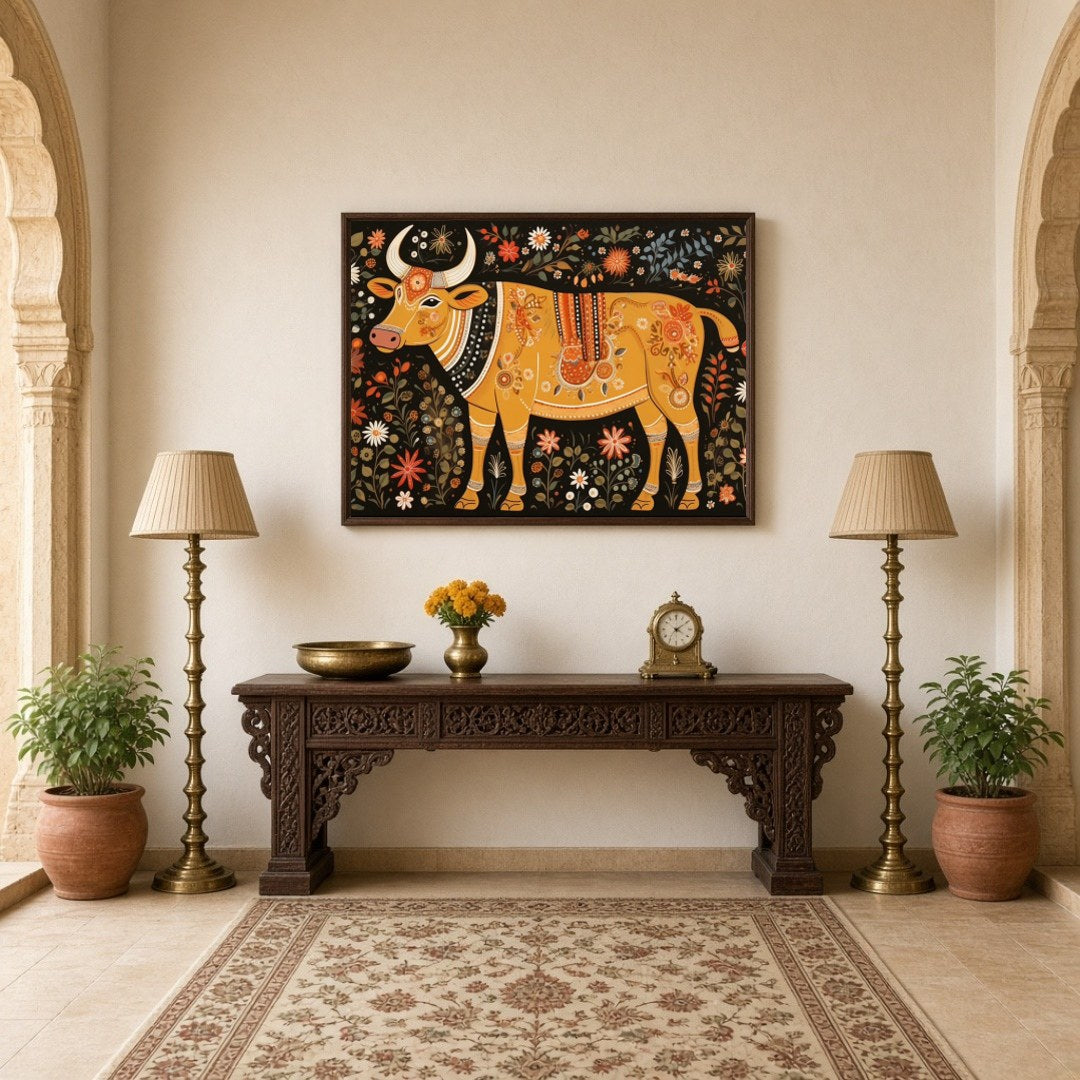 Immerse yourself in the enchanting world of Madhubani with this ornate depiction of a cosmic cow, for Hallway