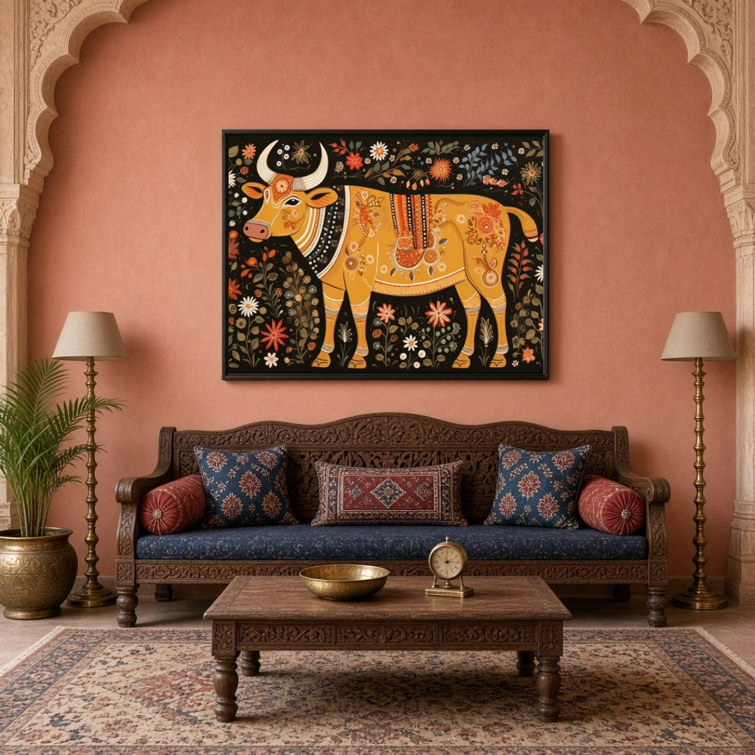 Immerse yourself in the enchanting world of Madhubani with this ornate depiction of a cosmic cow, for Living Room