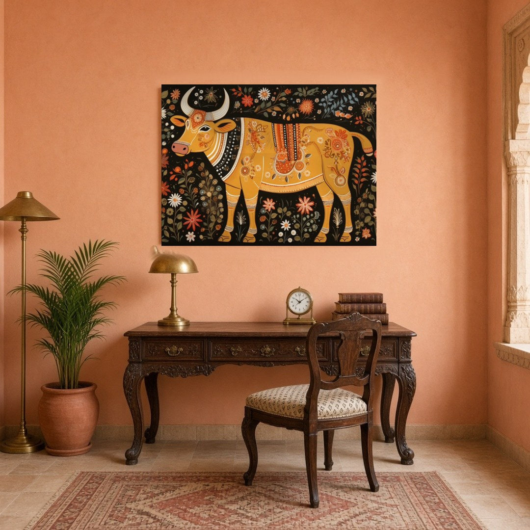 Immerse yourself in the enchanting world of Madhubani with this ornate depiction of a cosmic cow, for Study