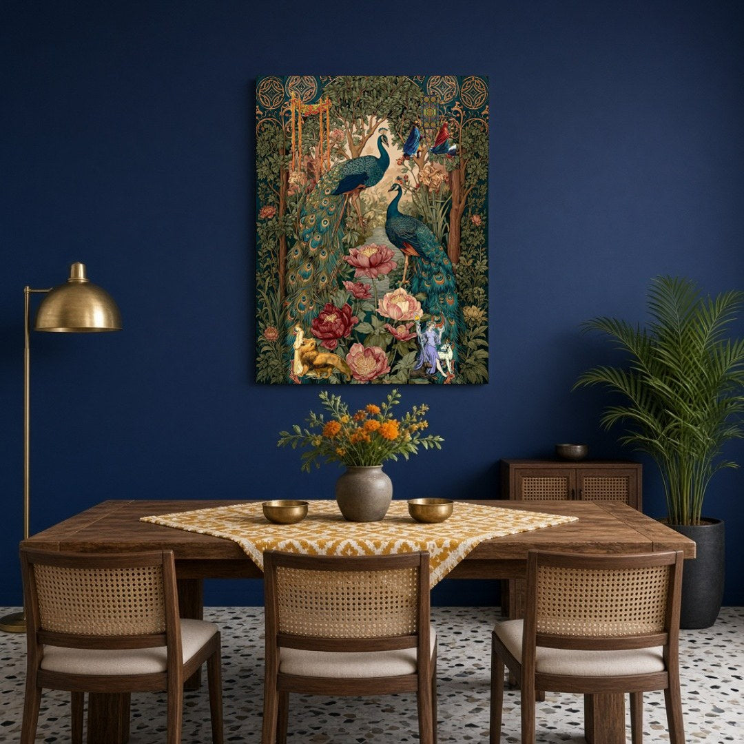 This exquisite Pichwai art print captures the regal elegance of majestic peacocks amidst a lush for Dining