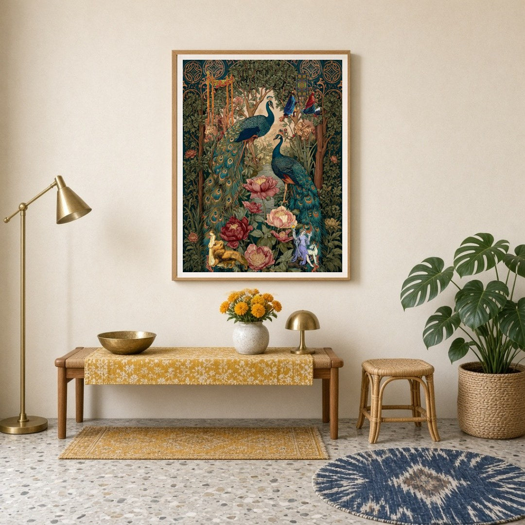 This exquisite Pichwai art print captures the regal elegance of majestic peacocks amidst a lush for Entrance