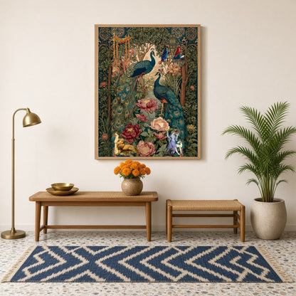 This exquisite Pichwai art print captures the regal elegance of majestic peacocks amidst a lush for Hallway