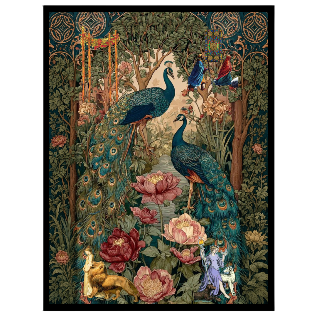 This exquisite Pichwai art print captures the regal elegance of majestic peacocks amidst a lush for haven
