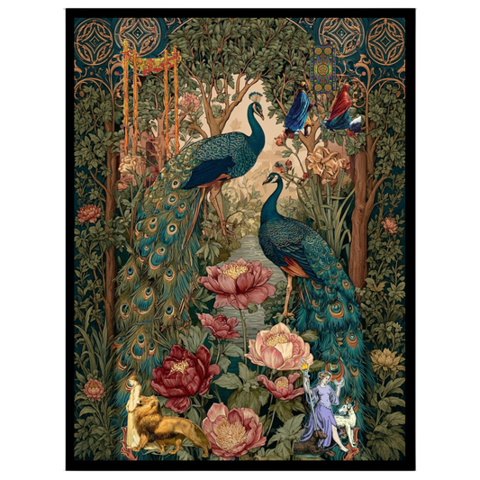 This exquisite Pichwai art print captures the regal elegance of majestic peacocks amidst a lush for haven