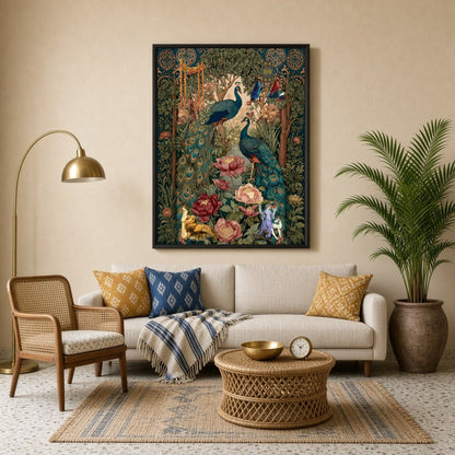This exquisite Pichwai art print captures the regal elegance of majestic peacocks amidst a lush for Living Room