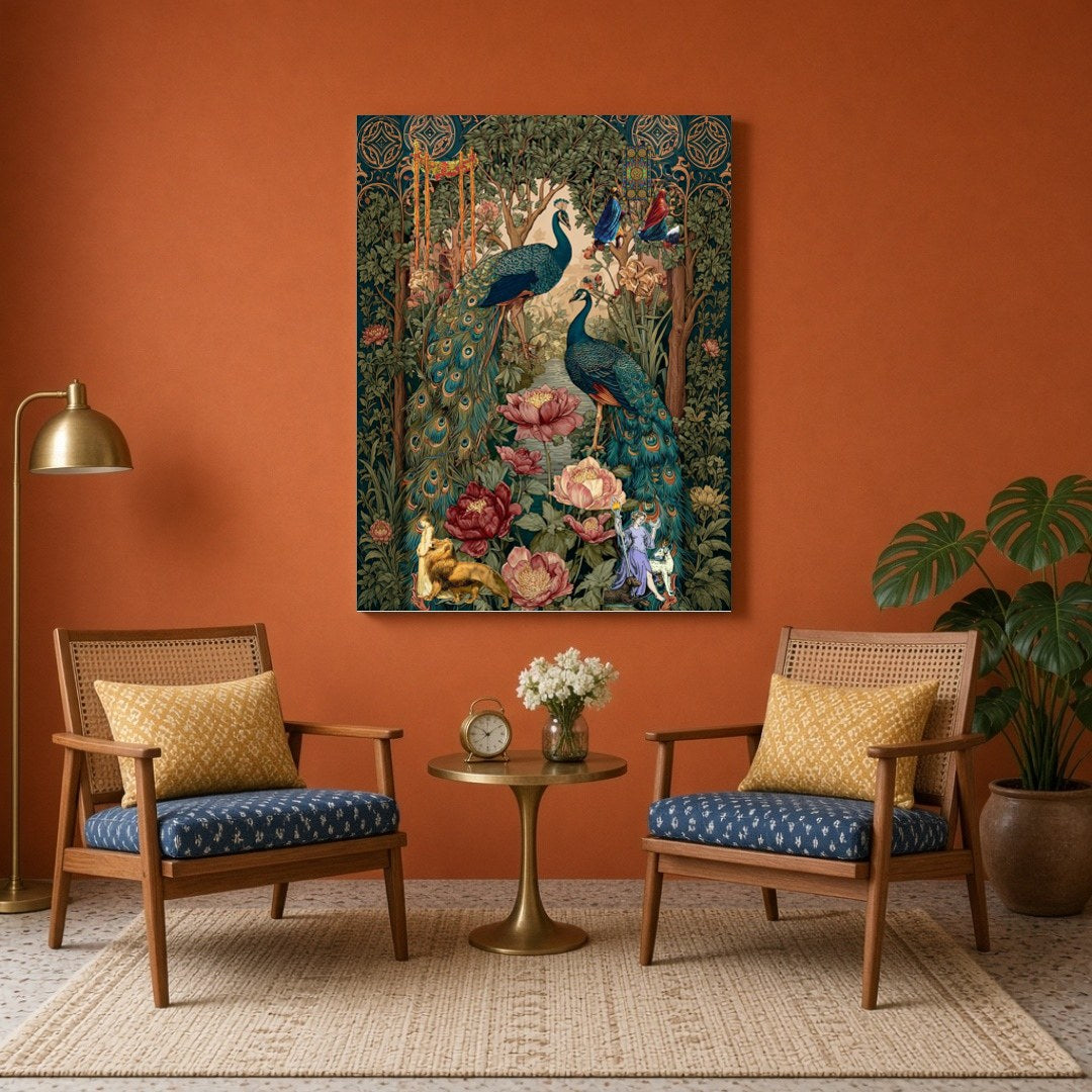 This exquisite Pichwai art print captures the regal elegance of majestic peacocks amidst a lush for Sitting Area