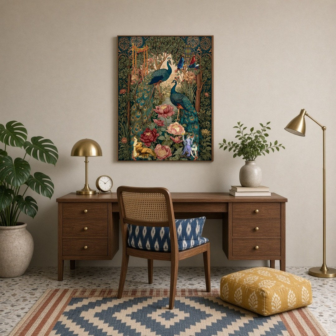This exquisite Pichwai art print captures the regal elegance of majestic peacocks amidst a lush for Study